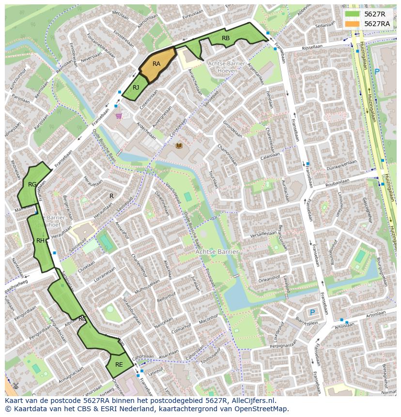 Afbeelding van het postcodegebied 5627 RA op de kaart.