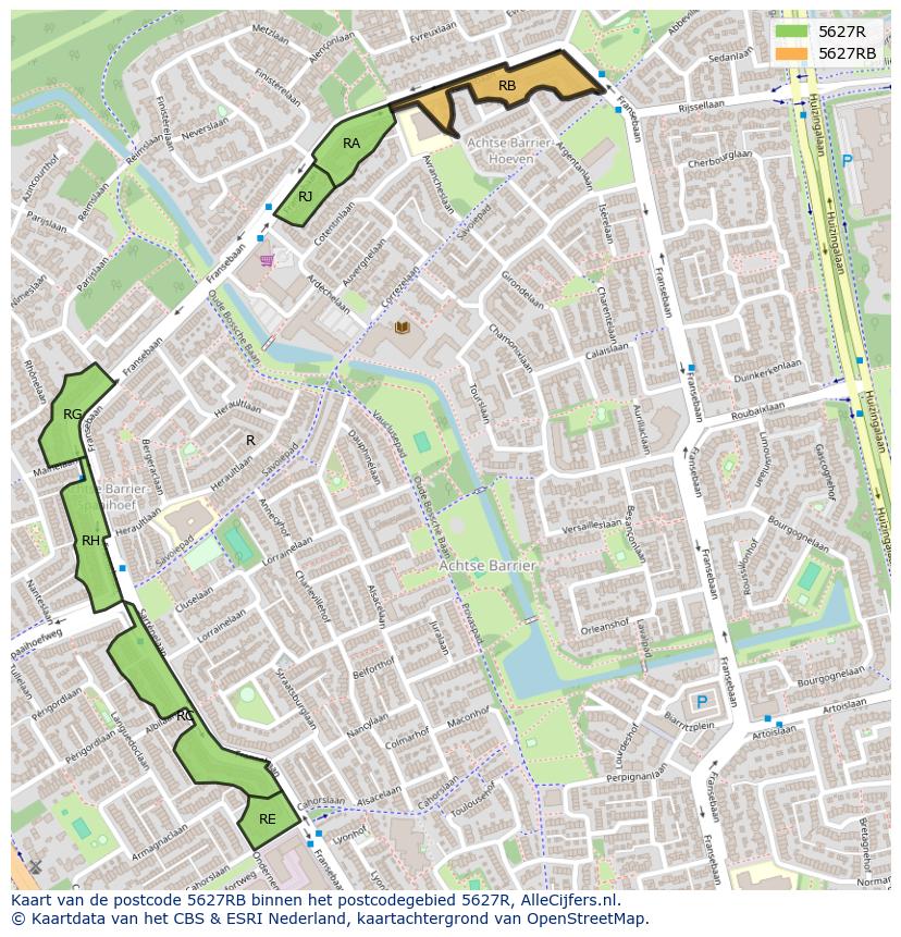 Afbeelding van het postcodegebied 5627 RB op de kaart.