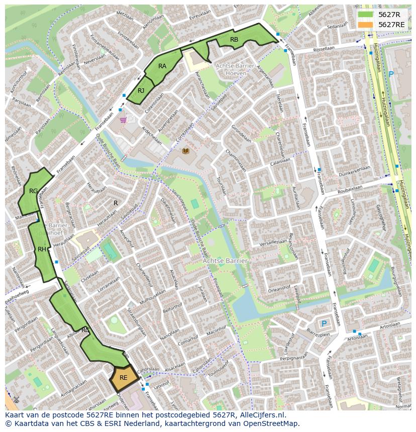 Afbeelding van het postcodegebied 5627 RE op de kaart.