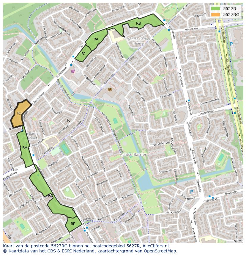 Afbeelding van het postcodegebied 5627 RG op de kaart.