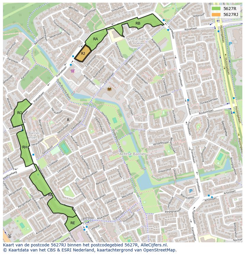 Afbeelding van het postcodegebied 5627 RJ op de kaart.