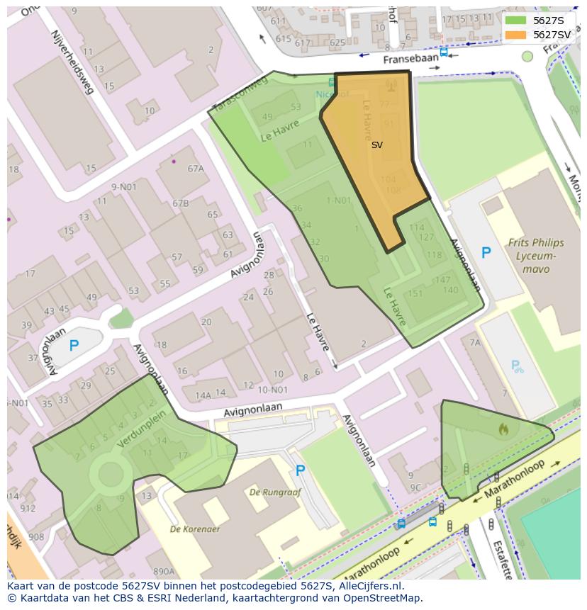 Afbeelding van het postcodegebied 5627 SV op de kaart.