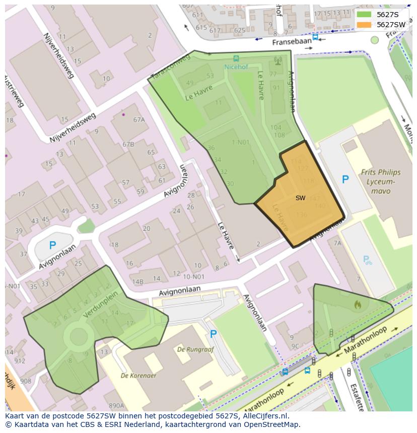 Afbeelding van het postcodegebied 5627 SW op de kaart.
