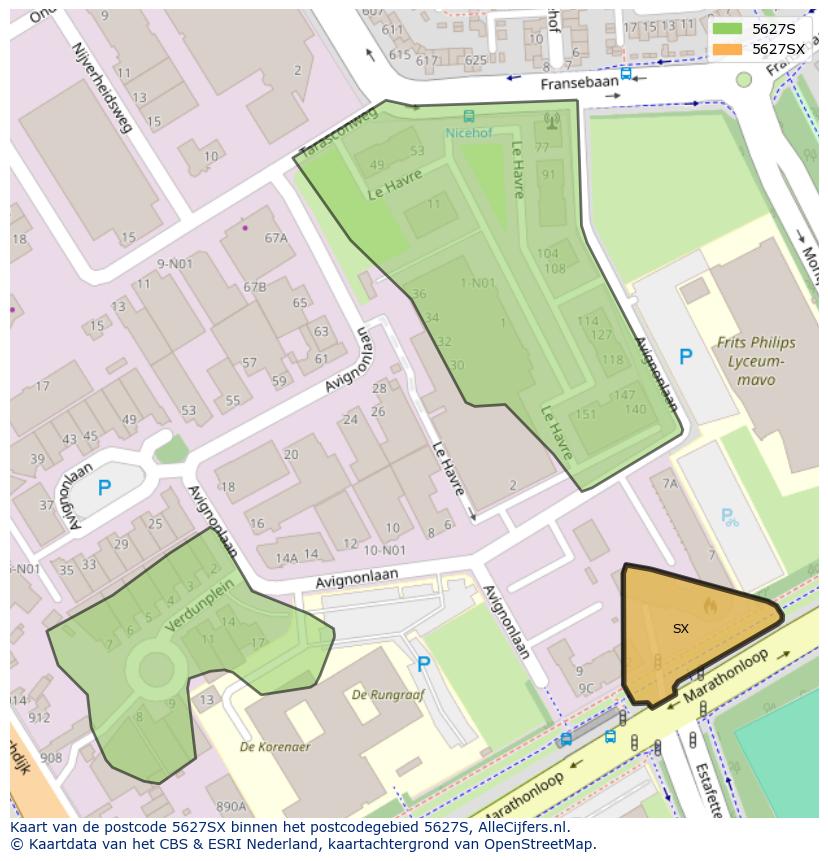 Afbeelding van het postcodegebied 5627 SX op de kaart.