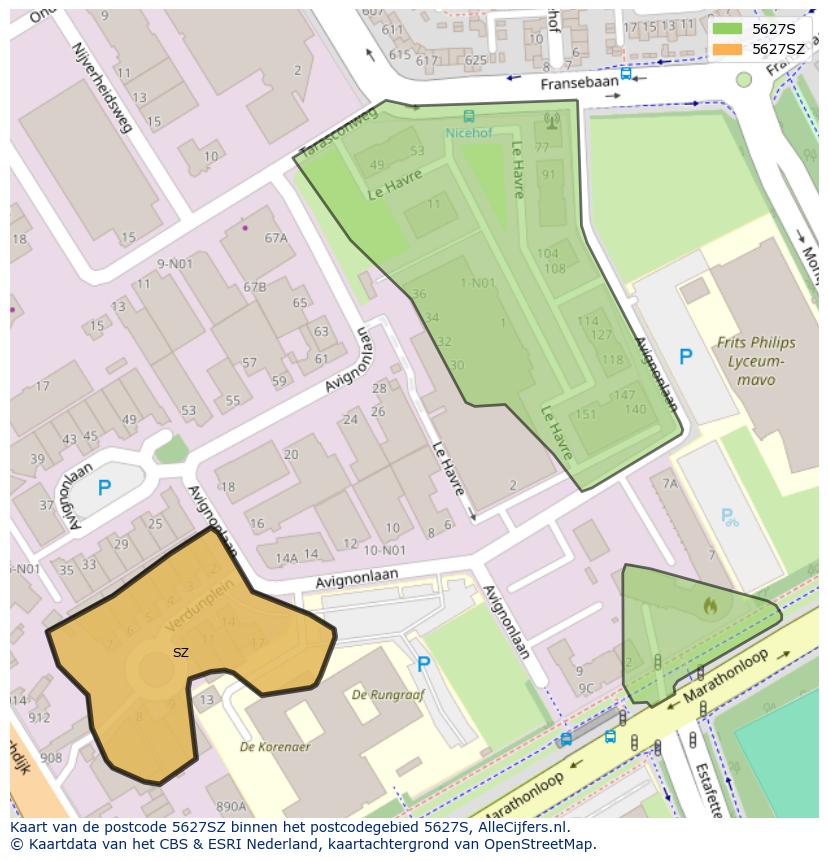 Afbeelding van het postcodegebied 5627 SZ op de kaart.