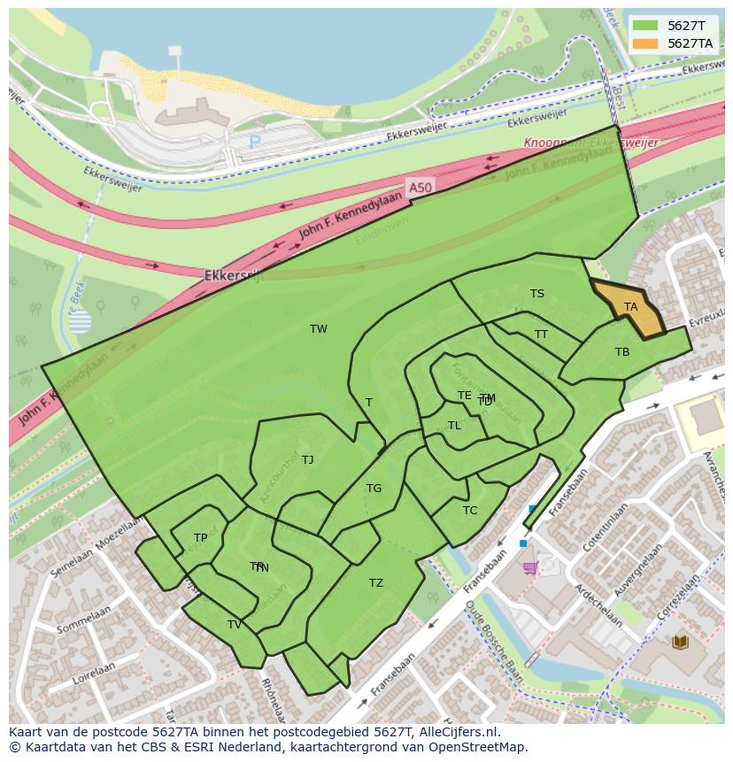 Afbeelding van het postcodegebied 5627 TA op de kaart.