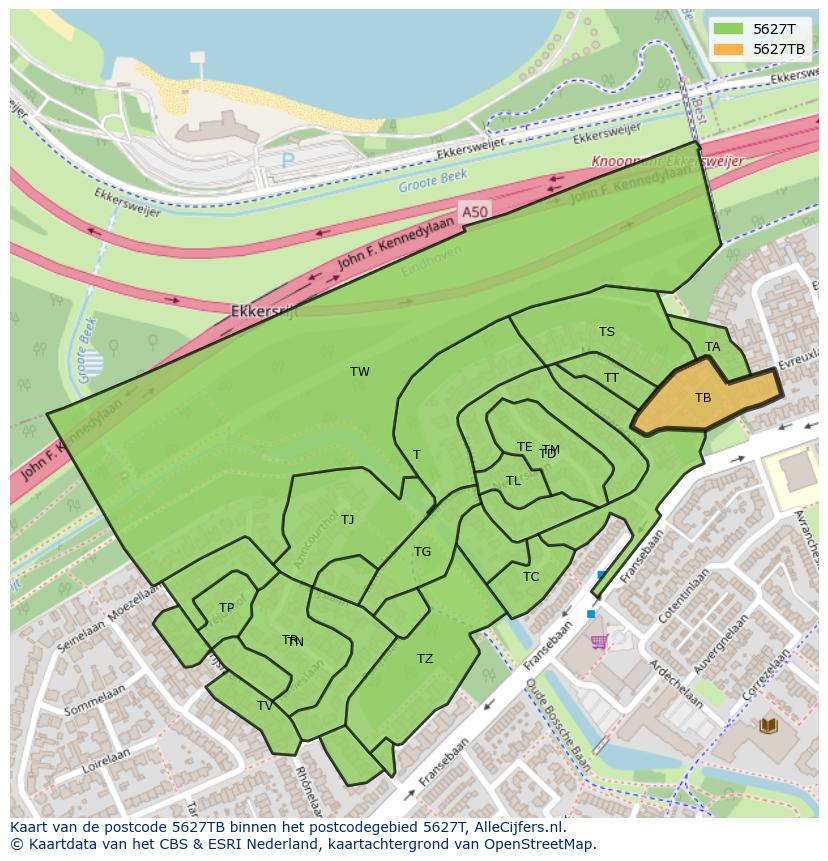 Afbeelding van het postcodegebied 5627 TB op de kaart.