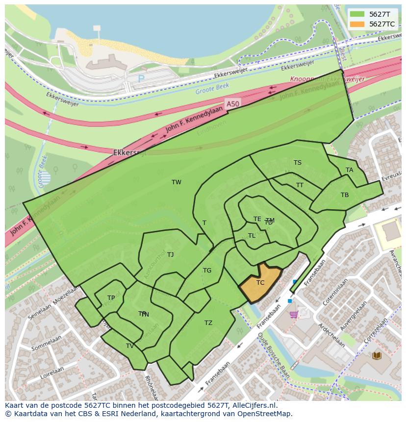 Afbeelding van het postcodegebied 5627 TC op de kaart.