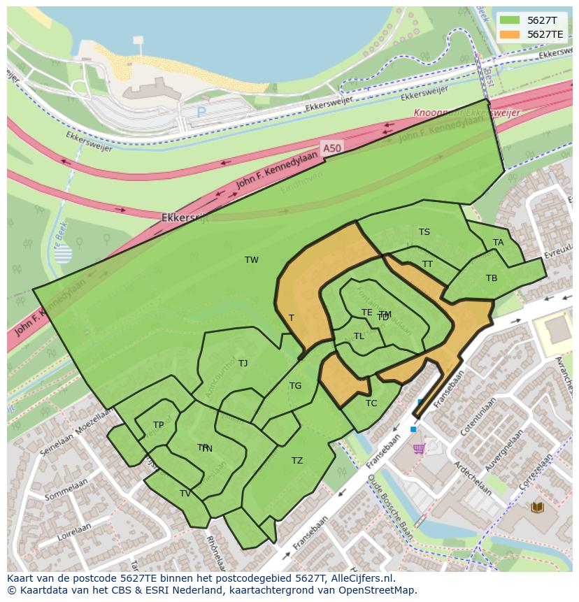 Afbeelding van het postcodegebied 5627 TE op de kaart.