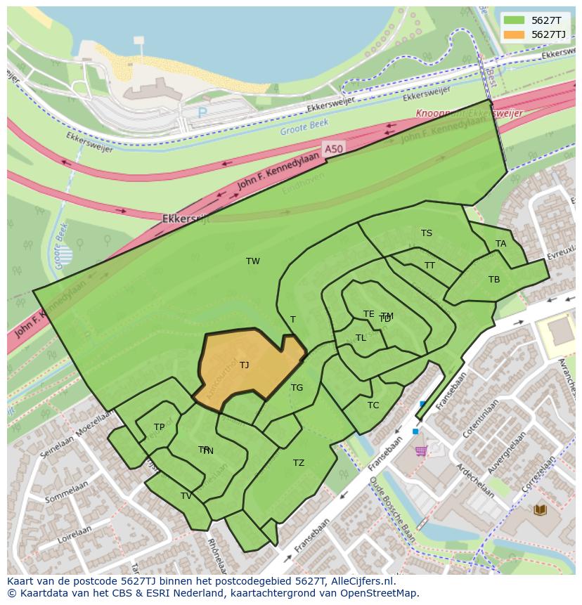 Afbeelding van het postcodegebied 5627 TJ op de kaart.