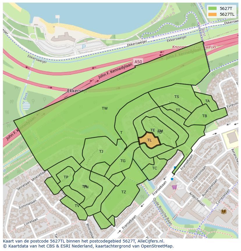 Afbeelding van het postcodegebied 5627 TL op de kaart.