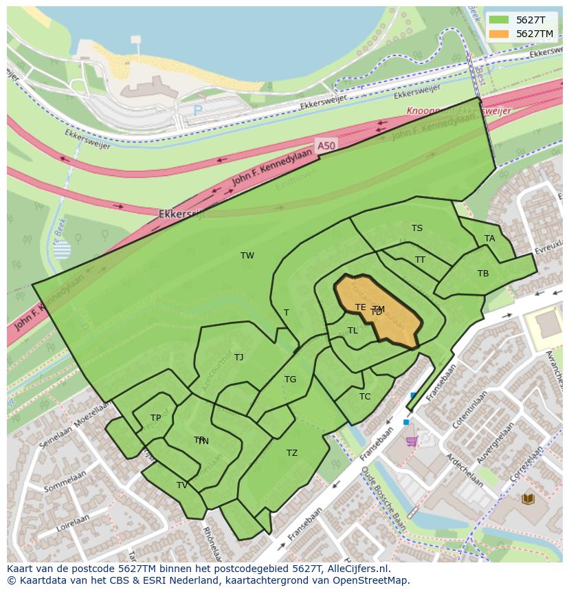 Afbeelding van het postcodegebied 5627 TM op de kaart.