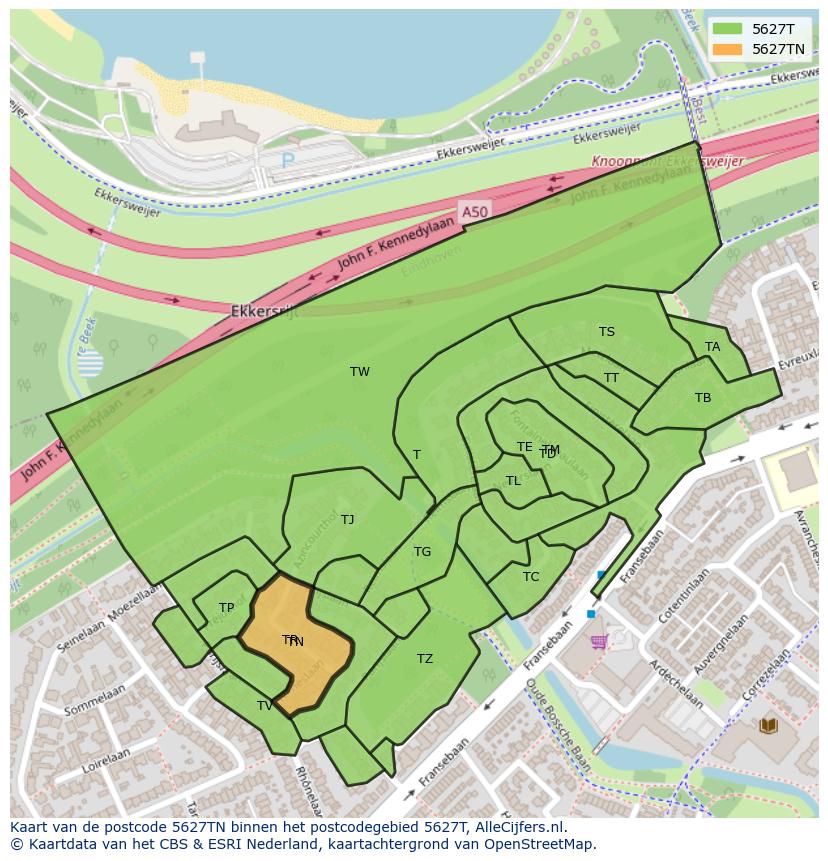 Afbeelding van het postcodegebied 5627 TN op de kaart.