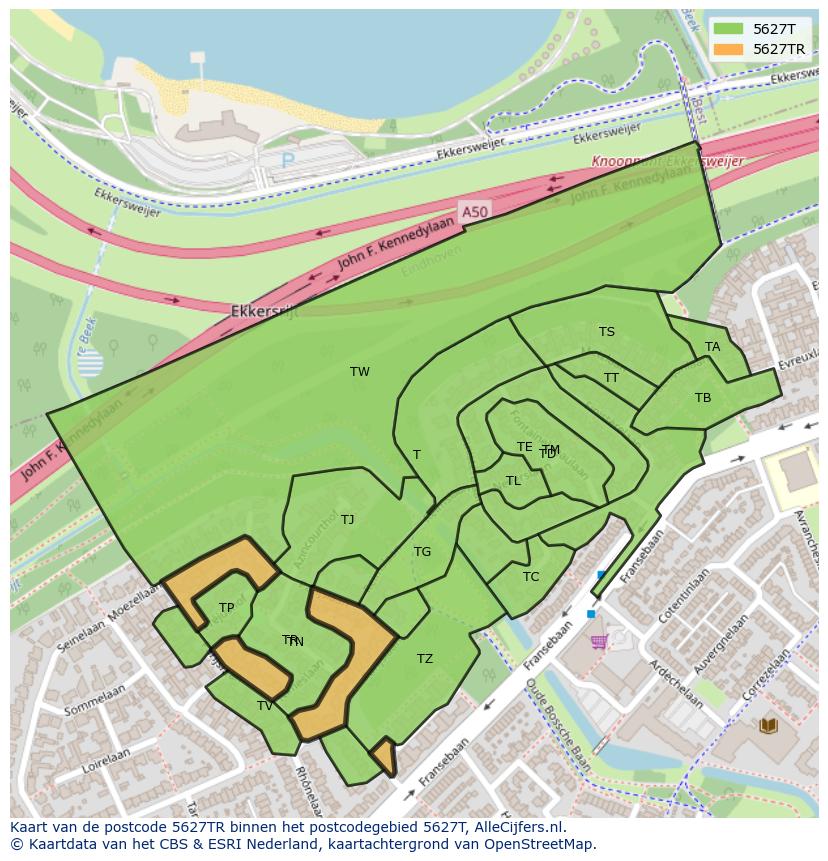 Afbeelding van het postcodegebied 5627 TR op de kaart.