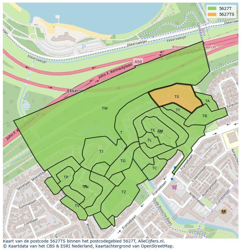 Afbeelding van het postcodegebied 5627 TS op de kaart.