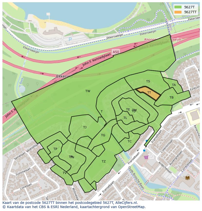 Afbeelding van het postcodegebied 5627 TT op de kaart.