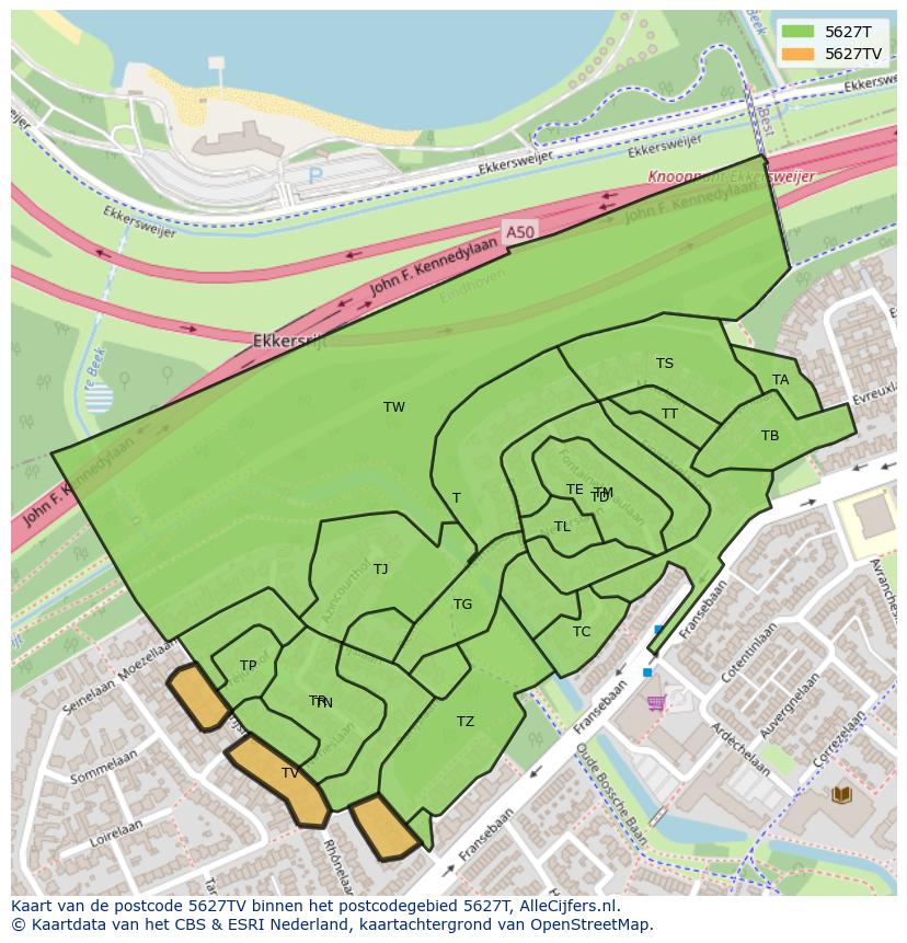 Afbeelding van het postcodegebied 5627 TV op de kaart.