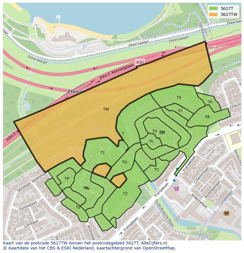 Afbeelding van het postcodegebied 5627 TW op de kaart.