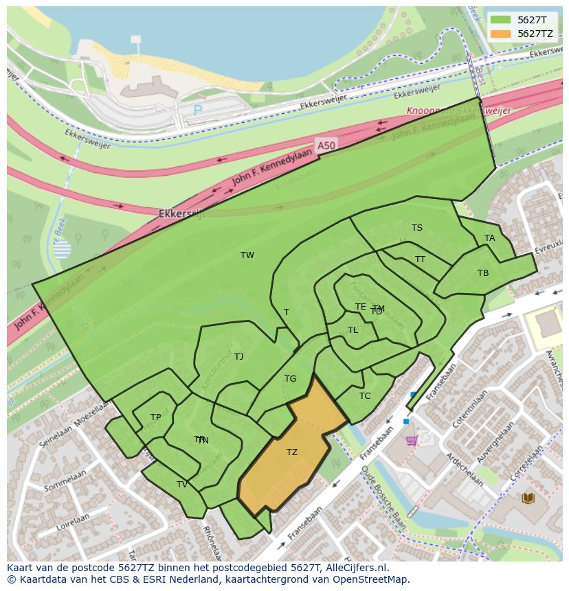 Afbeelding van het postcodegebied 5627 TZ op de kaart.