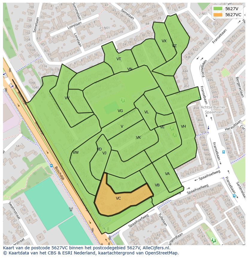 Afbeelding van het postcodegebied 5627 VC op de kaart.