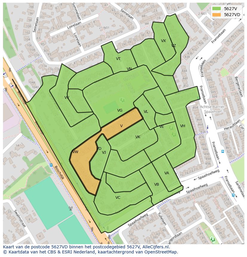 Afbeelding van het postcodegebied 5627 VD op de kaart.