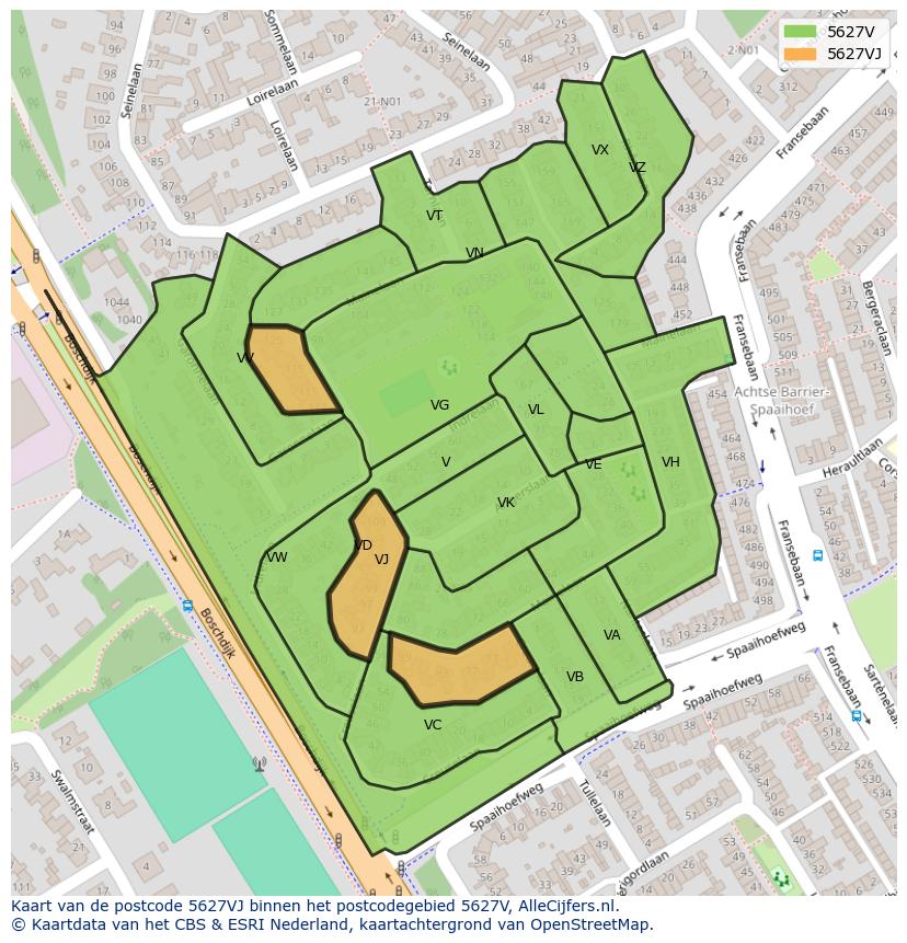 Afbeelding van het postcodegebied 5627 VJ op de kaart.