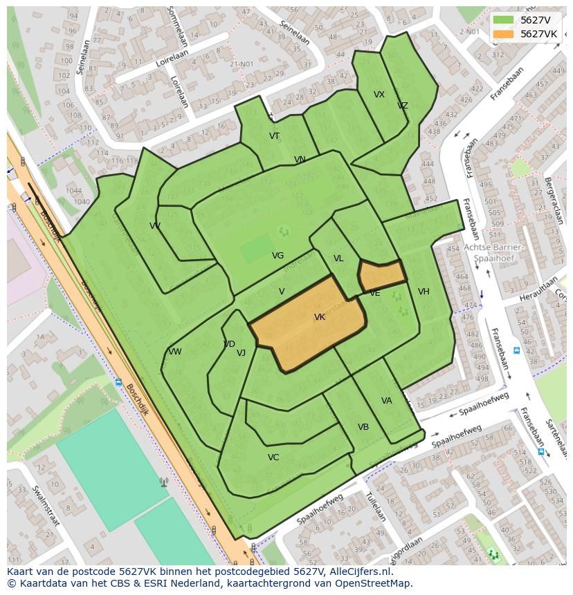 Afbeelding van het postcodegebied 5627 VK op de kaart.