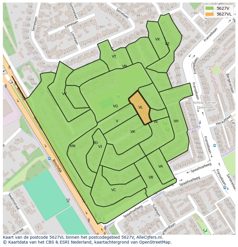 Afbeelding van het postcodegebied 5627 VL op de kaart.