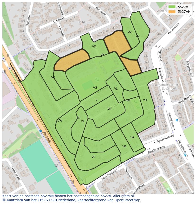 Afbeelding van het postcodegebied 5627 VN op de kaart.