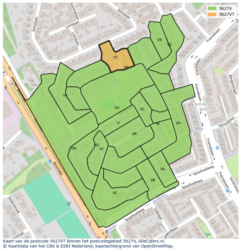 Afbeelding van het postcodegebied 5627 VT op de kaart.