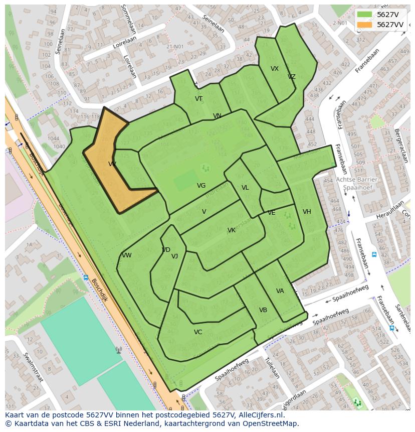 Afbeelding van het postcodegebied 5627 VV op de kaart.