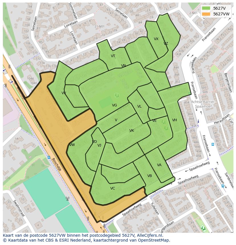 Afbeelding van het postcodegebied 5627 VW op de kaart.
