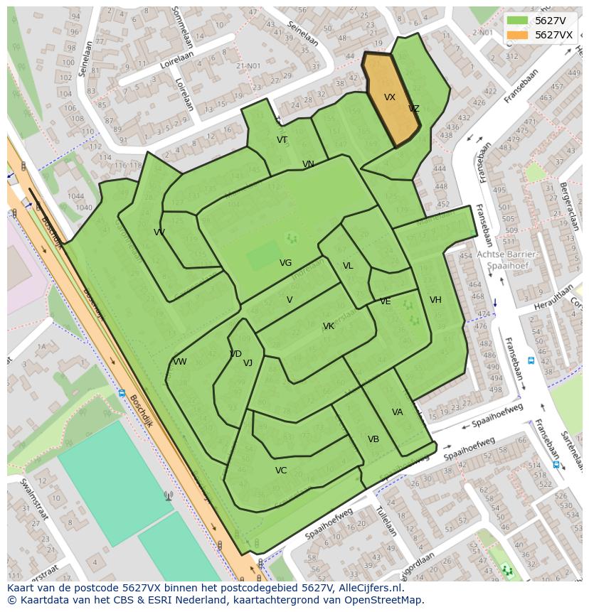 Afbeelding van het postcodegebied 5627 VX op de kaart.