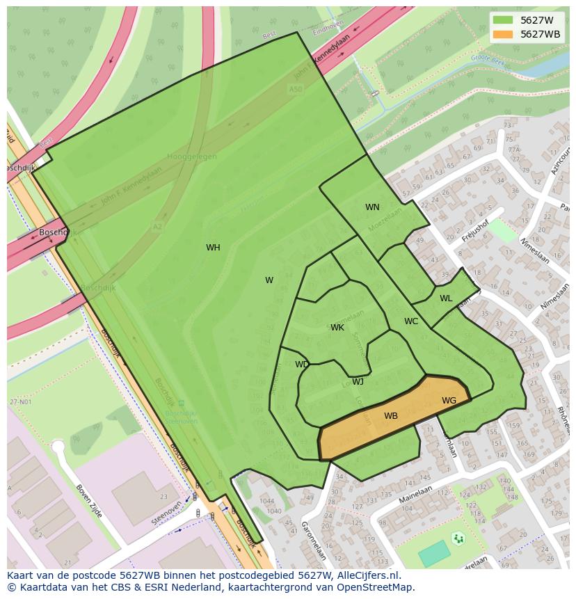 Afbeelding van het postcodegebied 5627 WB op de kaart.