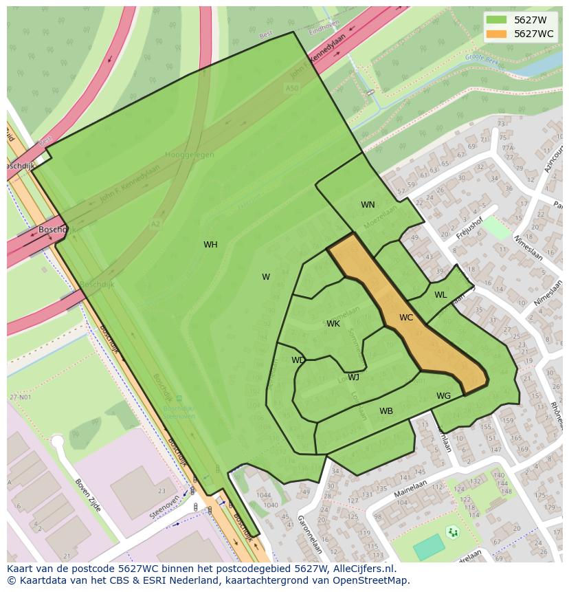 Afbeelding van het postcodegebied 5627 WC op de kaart.