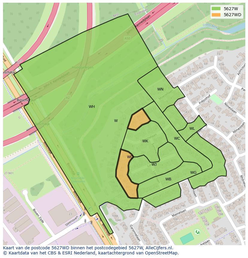 Afbeelding van het postcodegebied 5627 WD op de kaart.