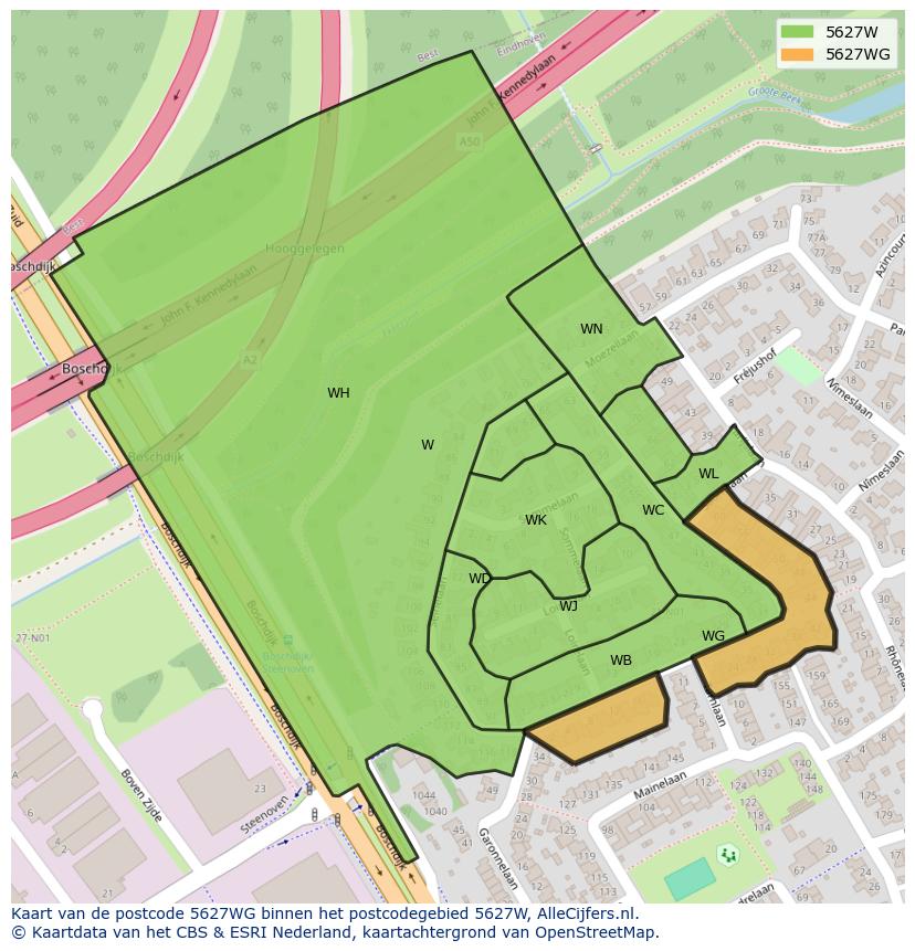 Afbeelding van het postcodegebied 5627 WG op de kaart.