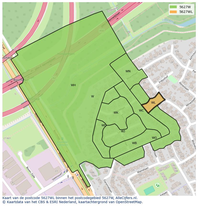 Afbeelding van het postcodegebied 5627 WL op de kaart.