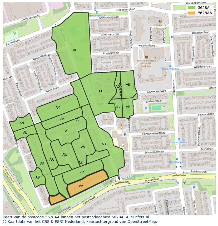 Afbeelding van het postcodegebied 5628 AA op de kaart.
