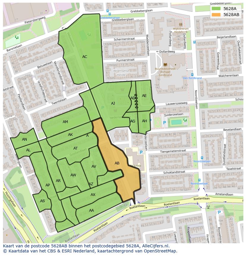 Afbeelding van het postcodegebied 5628 AB op de kaart.