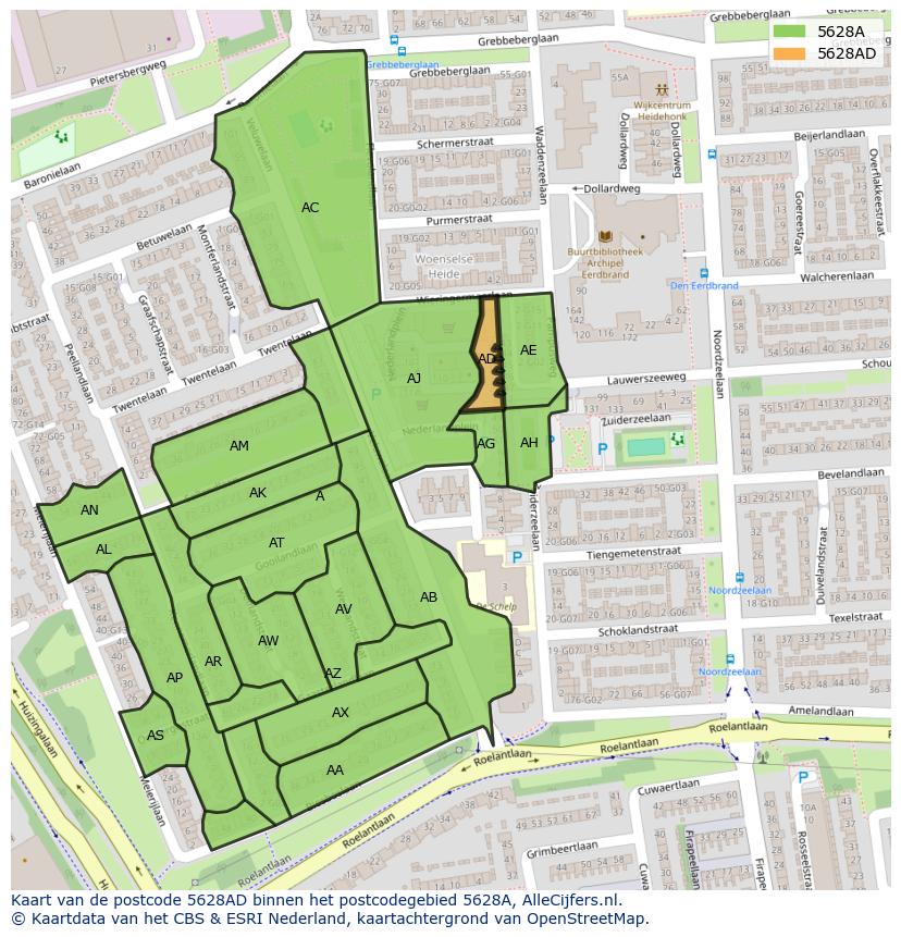 Afbeelding van het postcodegebied 5628 AD op de kaart.