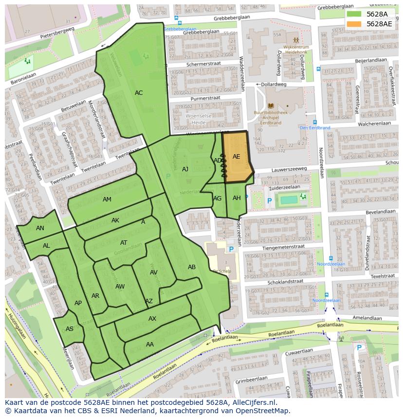 Afbeelding van het postcodegebied 5628 AE op de kaart.