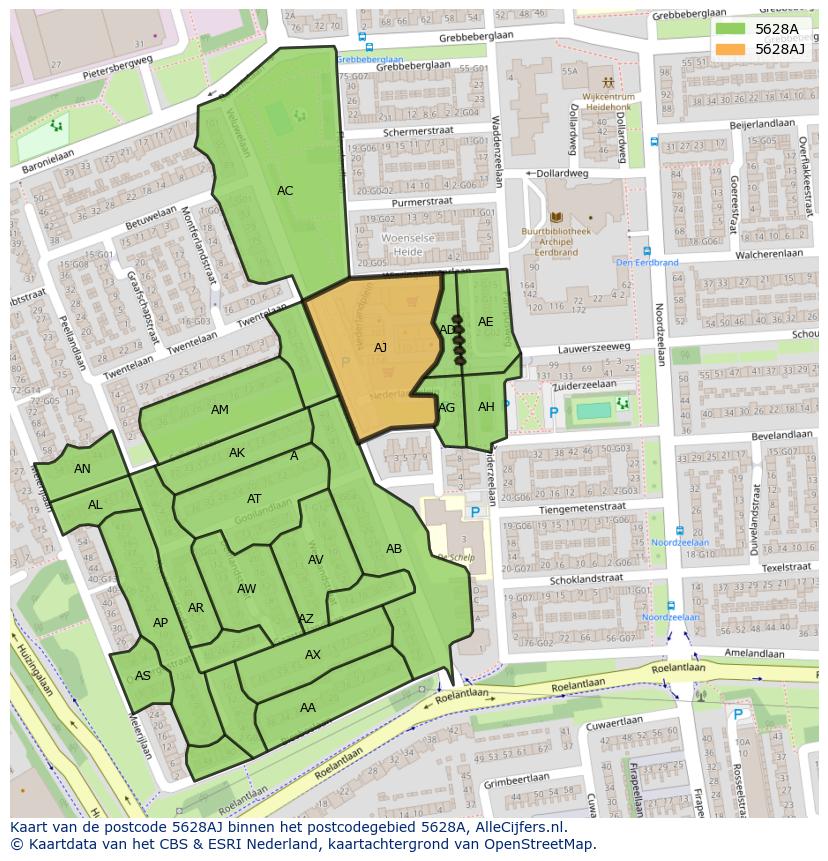 Afbeelding van het postcodegebied 5628 AJ op de kaart.