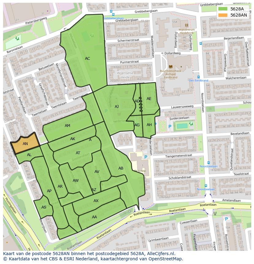 Afbeelding van het postcodegebied 5628 AN op de kaart.