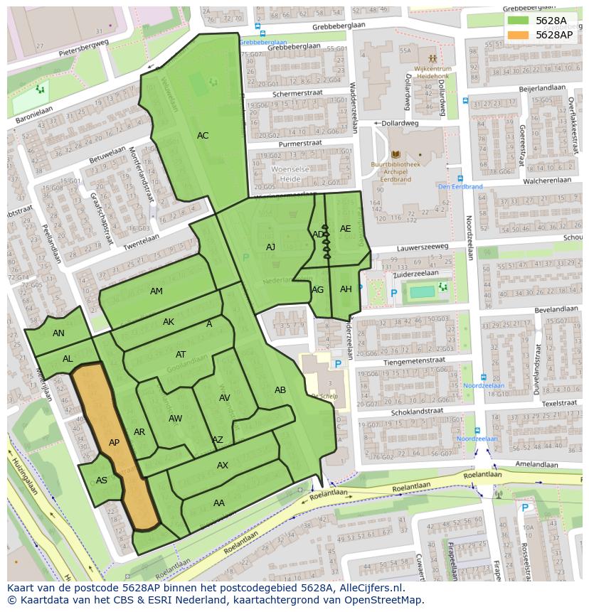 Afbeelding van het postcodegebied 5628 AP op de kaart.