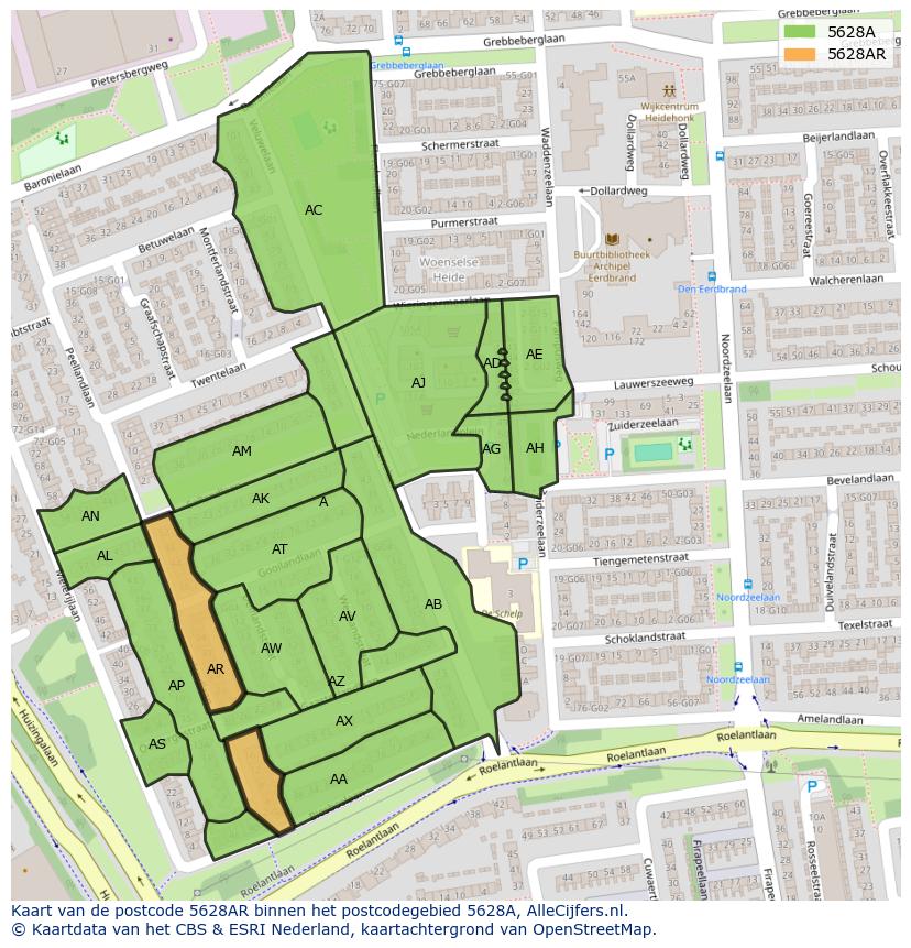 Afbeelding van het postcodegebied 5628 AR op de kaart.