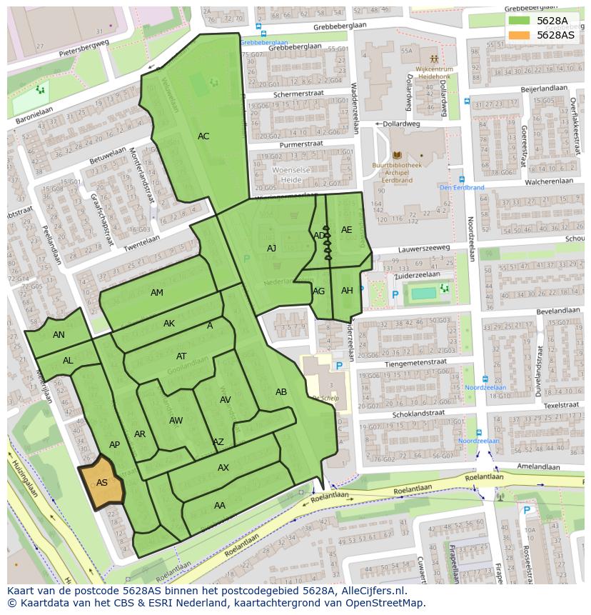 Afbeelding van het postcodegebied 5628 AS op de kaart.