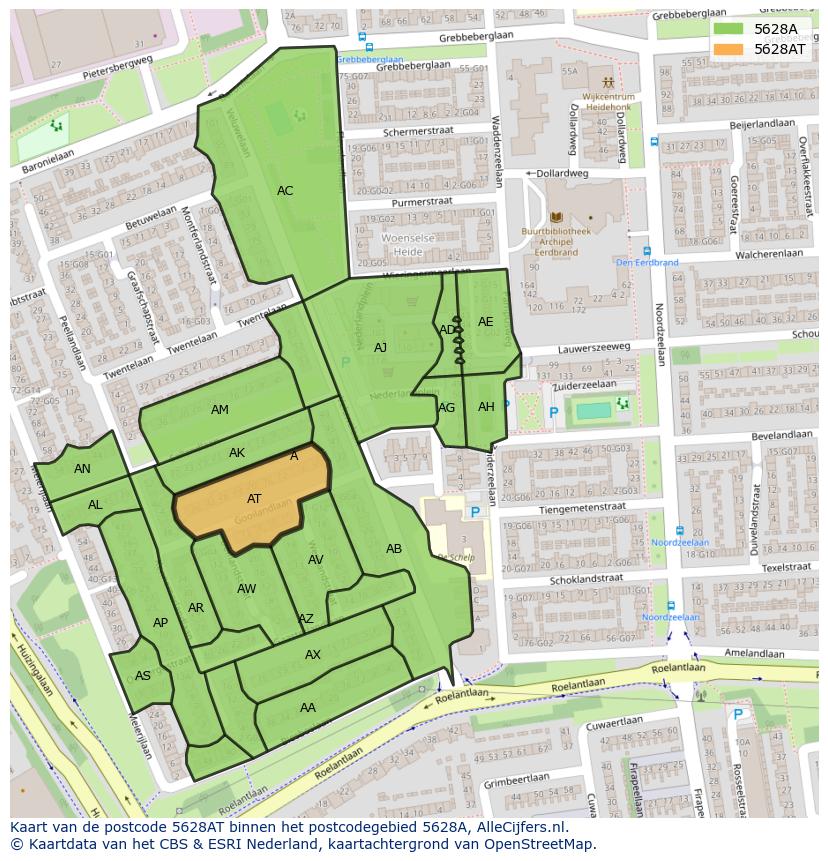 Afbeelding van het postcodegebied 5628 AT op de kaart.