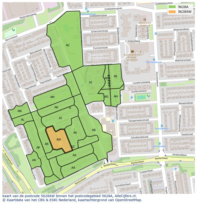 Afbeelding van het postcodegebied 5628 AW op de kaart.