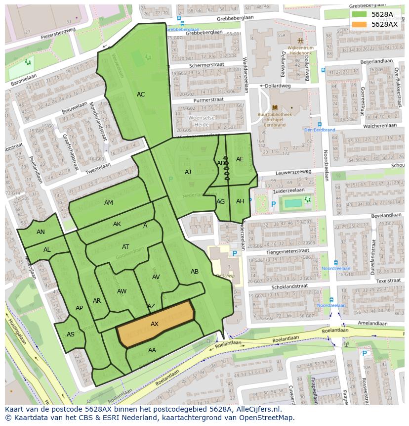 Afbeelding van het postcodegebied 5628 AX op de kaart.